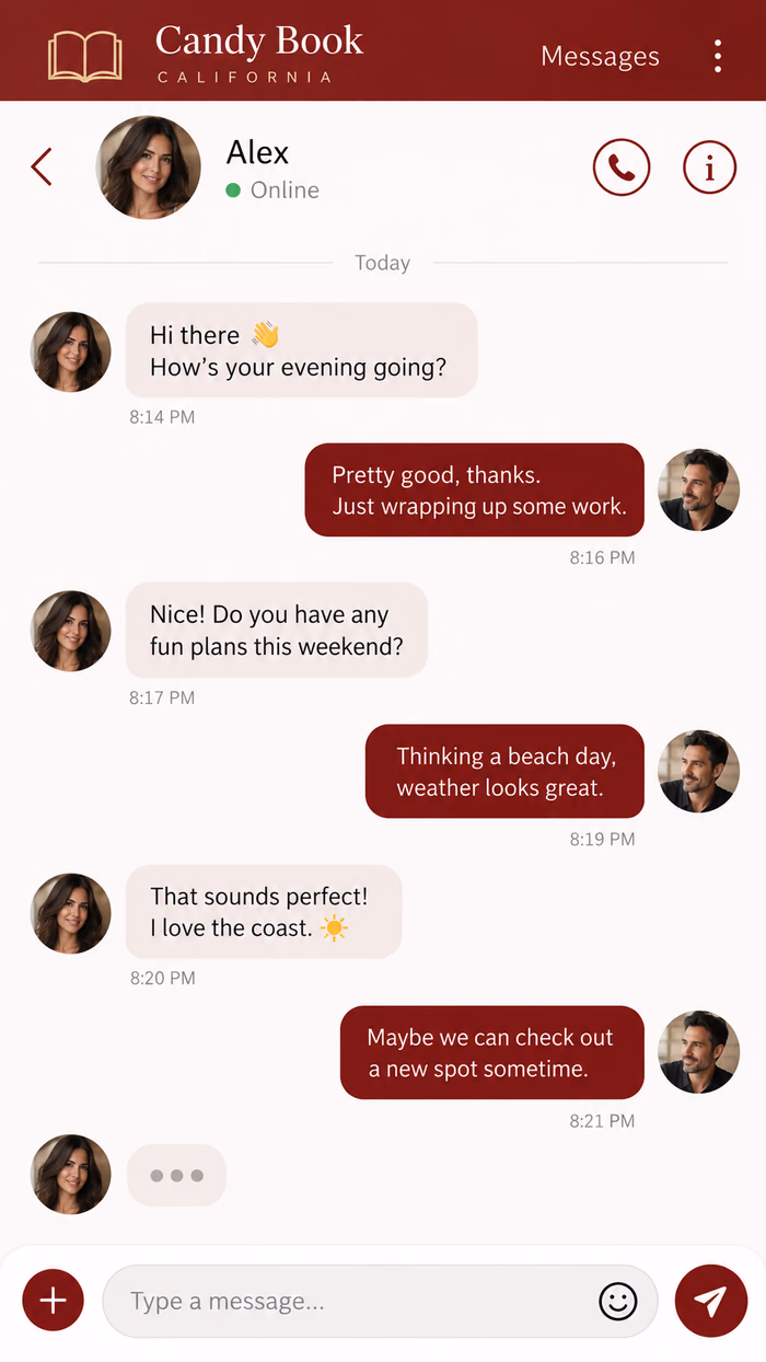 Candy Book private chat room between two adult profiles