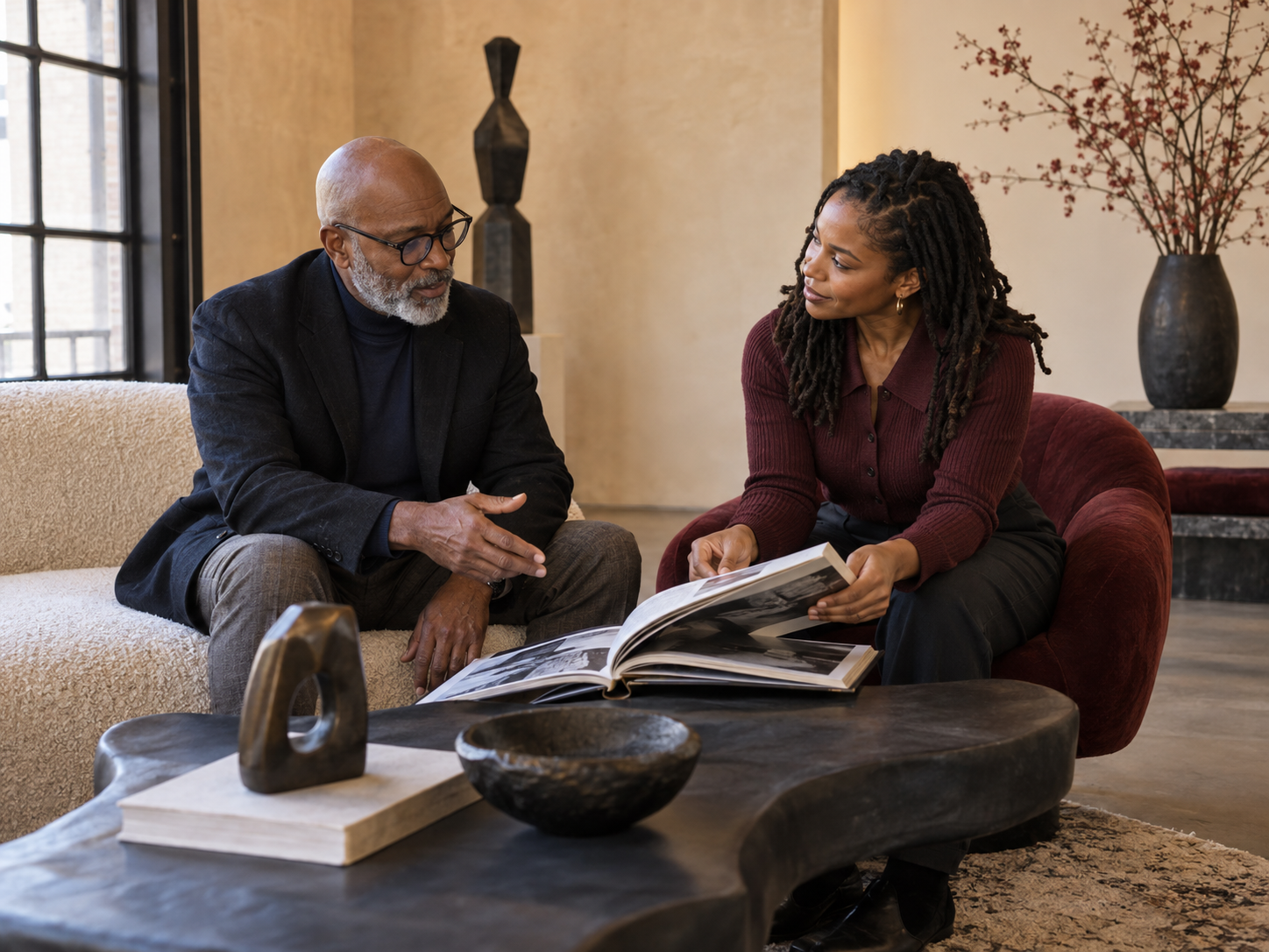 Two Black American adults discussing an art book in an Oakland gallery lounge