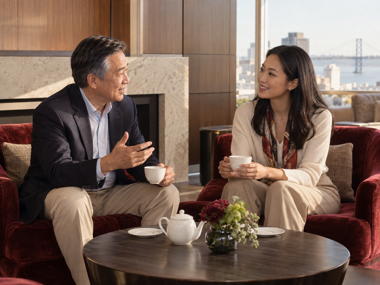 Two Asian American adults talking in a premium San Francisco lounge